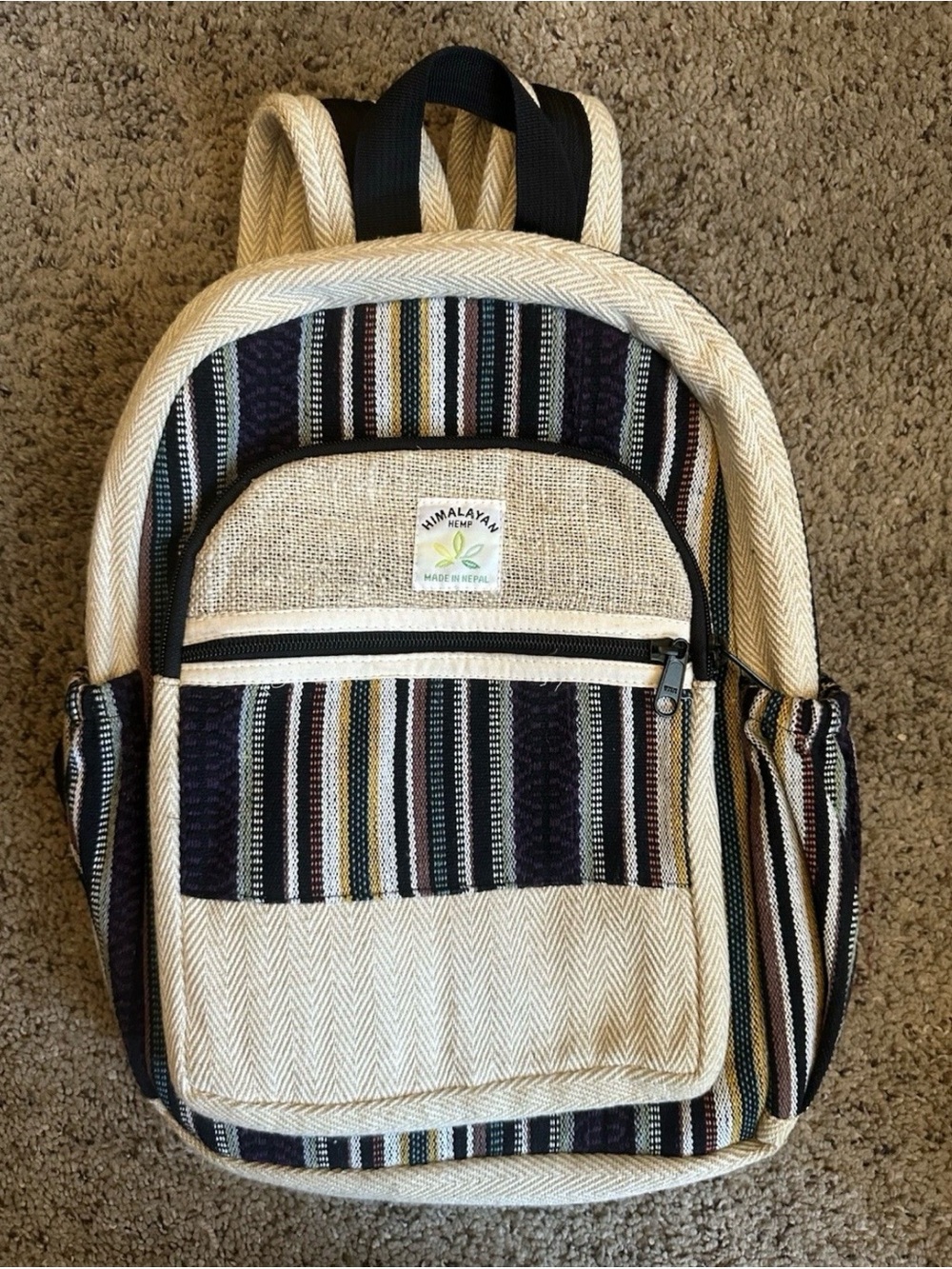 Himalayan Hemp Cream & Black Striped Canvas Backpack Made in Nepal